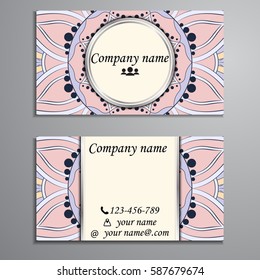 Visiting card and business card set with mandala design element logo. Abstract oriental Layout. Front page and back page