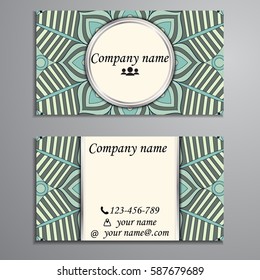 Visiting card and business card set with mandala design element logo. Abstract oriental Layout. Front page and back page