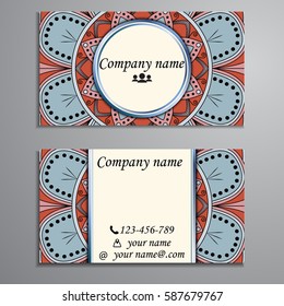 Visiting card and business card set with mandala design element logo. Abstract oriental Layout. Front page and back page