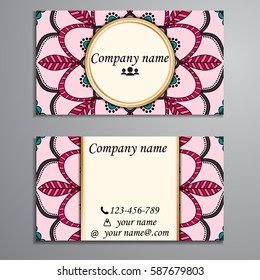 Visiting card and business card set with mandala design element logo. Abstract oriental Layout. Front page and back page