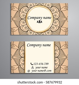 Visiting card and business card set with mandala design element logo. Abstract oriental Layout. Front page and back page