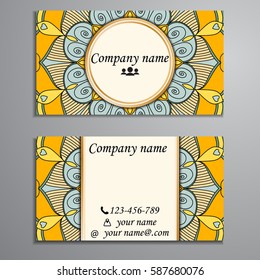 Visiting card and business card set with mandala design element logo. Abstract oriental Layout. Front page and back page