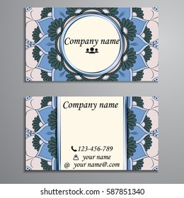 Visiting card and business card set with mandala design element logo. Abstract oriental Layout. Front page and back page