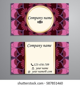 Visiting card and business card set with mandala design element logo. Abstract oriental Layout. Front page and back page