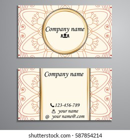 Visiting card and business card set with mandala design element logo. Abstract oriental Layout. Front page and back page