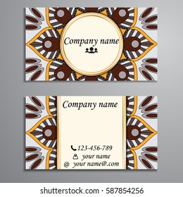 Visiting card and business card set with mandala design element logo. Abstract oriental Layout. Front page and back page