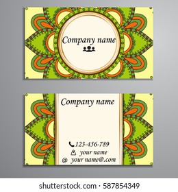 Visiting card and business card set with mandala design element logo. Abstract oriental Layout. Front page and back page