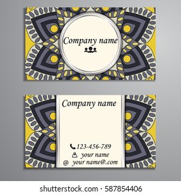 Visiting card and business card set with mandala design element logo. Abstract oriental Layout. Front page and back page