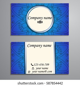 Visiting card and business card set with mandala design element logo. Abstract oriental Layout. Front page and back page