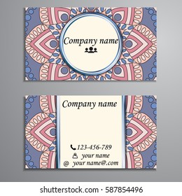 Visiting card and business card set with mandala design element logo. Abstract oriental Layout. Front page and back page
