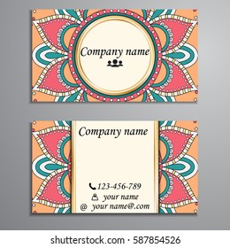 Visiting card and business card set with mandala design element logo. Abstract oriental Layout. Front page and back page