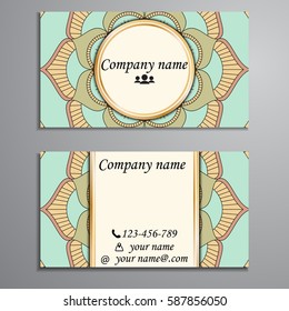 Visiting card and business card set with mandala design element logo. Abstract oriental Layout. Front page and back page