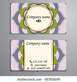 Visiting card and business card set with mandala design element logo. Abstract oriental Layout. Front page and back page