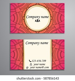Visiting card and business card set with mandala design element logo. Abstract oriental Layout. Front page and back page