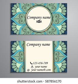 Visiting card and business card set with mandala design element logo. Abstract oriental Layout. Front page and back page