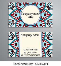 Visiting card and business card set with mandala design element logo. Abstract oriental Layout. Front page and back page