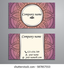 Visiting card and business card set with mandala design element logo. Abstract oriental Layout. Front page and back page