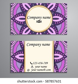 Visiting card and business card set with mandala design element logo. Abstract oriental Layout. Front page and back page