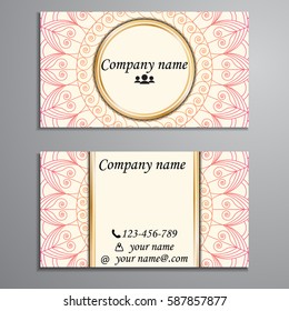 Visiting card and business card set with mandala design element logo. Abstract oriental Layout. Front page and back page