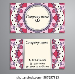 Visiting card and business card set with mandala design element logo. Abstract oriental Layout. Front page and back page