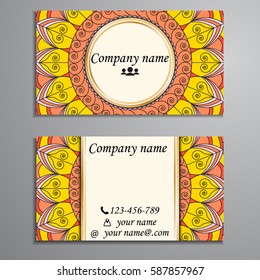 Visiting card and business card set with mandala design element logo. Abstract oriental Layout. Front page and back page