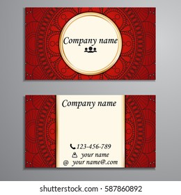 Visiting card and business card set with mandala design element logo. Abstract oriental Layout. Front page and back page