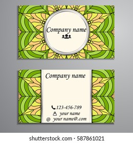 Visiting card and business card set with mandala design element logo. Abstract oriental Layout. Front page and back page