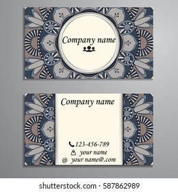 Visiting card and business card set with mandala design element logo. Abstract oriental Layout. Front page and back page