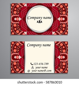 Visiting card and business card set with mandala design element logo. Abstract oriental Layout. Front page and back page