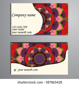 Visiting card and business card set with mandala design element logo. Abstract oriental Layout. Front page and back page