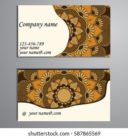 Visiting card and business card set with mandala design element logo. Abstract oriental Layout. Front page and back page