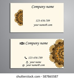 Visiting card and business card set with mandala design element logo. Abstract oriental Layout. Front page and back page