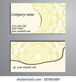 Visiting card and business card set with mandala design element logo. Abstract oriental Layout. Front page and back page