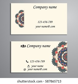 Visiting card and business card set with mandala design element logo. Abstract oriental Layout. Front page and back page