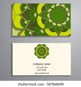 Visiting card and business card set with mandala design element logo. Abstract oriental Layout. Front page and back page