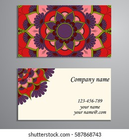 Visiting card and business card set with mandala design element logo. Abstract oriental Layout. Front page and back page