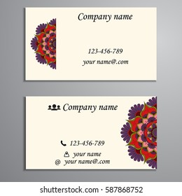 Visiting card and business card set with mandala design element logo. Abstract oriental Layout. Front page and back page