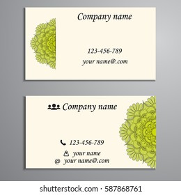 Visiting card and business card set with mandala design element logo. Abstract oriental Layout. Front page and back page