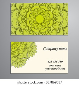 Visiting card and business card set with mandala design element logo. Abstract oriental Layout. Front page and back page