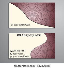 Visiting card and business card set with mandala design element logo. Abstract oriental Layout. Front page and back page