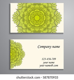 Visiting card and business card set with mandala design element logo. Abstract oriental Layout. Front page and back page