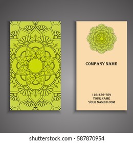 Visiting card and business card set with mandala design element logo. Abstract oriental Layout. Front page and back page