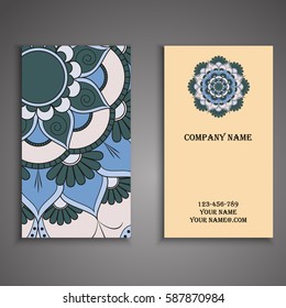 Visiting card and business card set with mandala design element logo. Abstract oriental Layout. Front page and back page