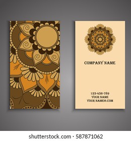 Visiting card and business card set with mandala design element logo. Abstract oriental Layout. Front page and back page