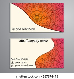 Visiting card and business card set with mandala design element logo. Abstract oriental Layout. Front page and back page