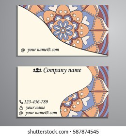 Visiting card and business card set with mandala design element logo. Abstract oriental Layout. Front page and back page