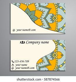 Visiting card and business card set with mandala design element logo. Abstract oriental Layout. Front page and back page