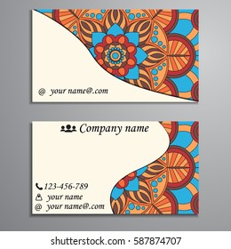 Visiting card and business card set with mandala design element logo. Abstract oriental Layout. Front page and back page
