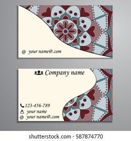 Visiting card and business card set with mandala design element logo. Abstract oriental Layout. Front page and back page
