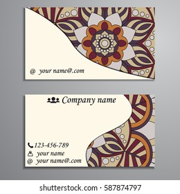 Visiting card and business card set with mandala design element logo. Abstract oriental Layout. Front page and back page